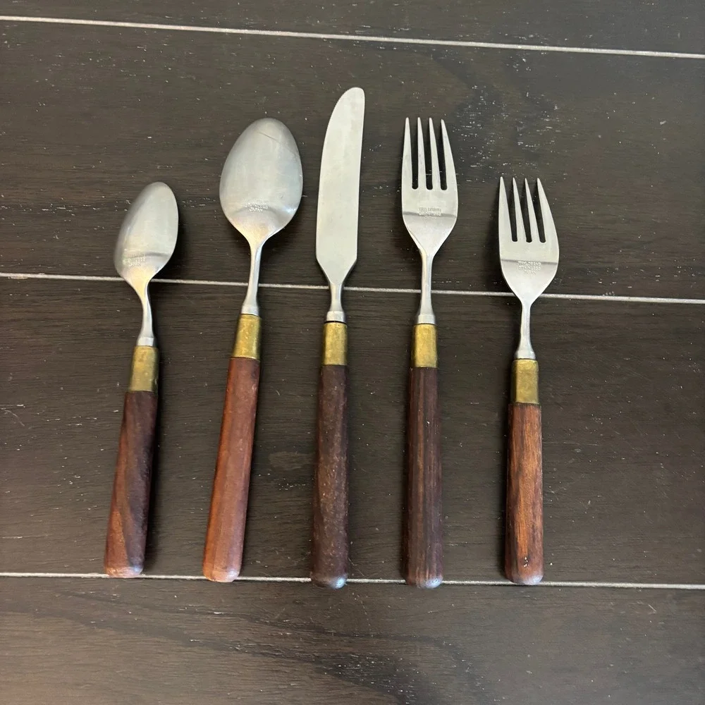 Taylor & Ng Vintage Stainless Japan Wood Handle Fork and Spoon Flatware Set MCM